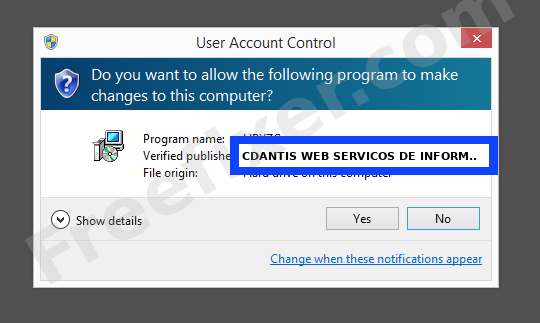 Screenshot where CDANTIS WEB SERVICOS DE INFORMATICA LTDA appears as the verified publisher in the UAC dialog